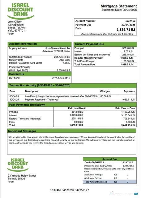 Download Israel Discount Bank mortgage statement Word and PDF template Photoshop template